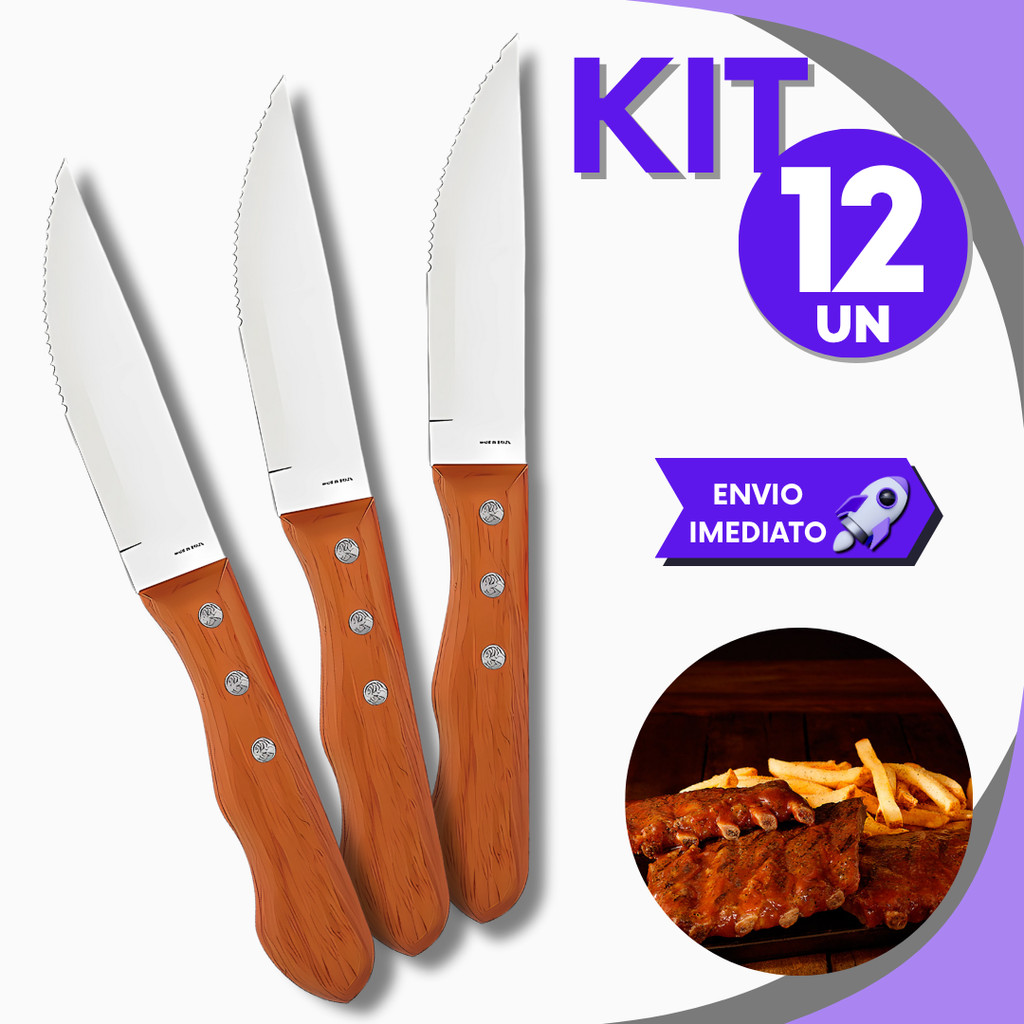 Conjunto Facas Estilo Outback Jumbo Cabo Madeira Aço Inox Para Churrasco Restaurante Cozinha de Luxo
