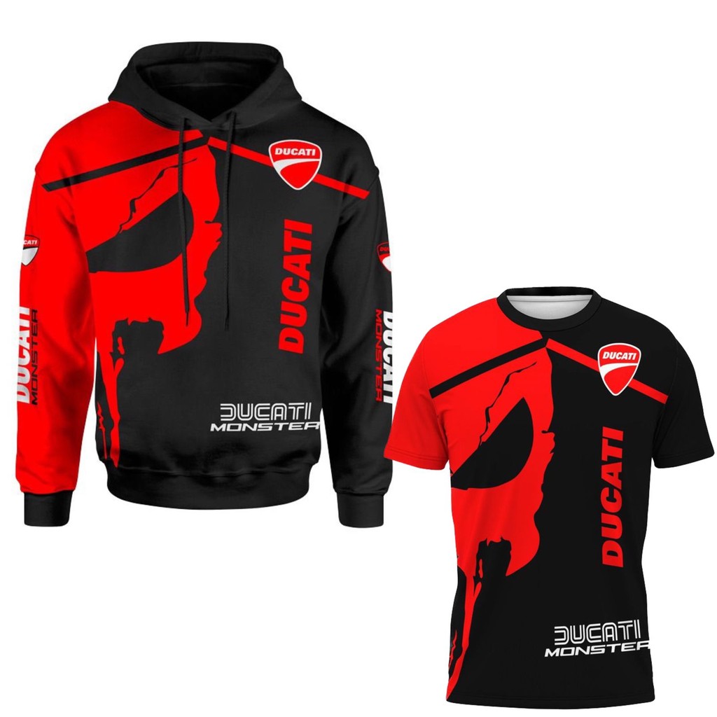 Kit Moletom com Capuz + Camiseta 3D Ducati Motors Amarelo Verde Vermelho Corrida Moto Poliester