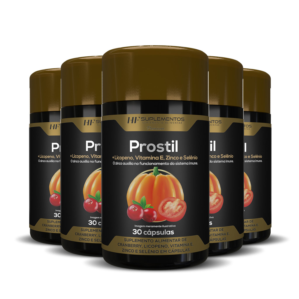 KIT 5X PROSTIL HOMEM – ÓLEO DE ABOBORA + CRANBERRY, LICOPENO, ZINCO E VITAMINA E – 30 CAPS CADA