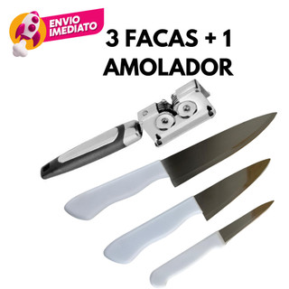 Kit 04 Pç Jogo 03 Faca Profissional Cabo Branco E Amolador Afiador Manual Cozinha Inox Faca Tesoura