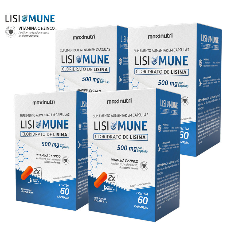 Kit 4 Lisimune Cloridrato de Lisina + Vitamina C e Zinco 60 Cáps Maxinutri