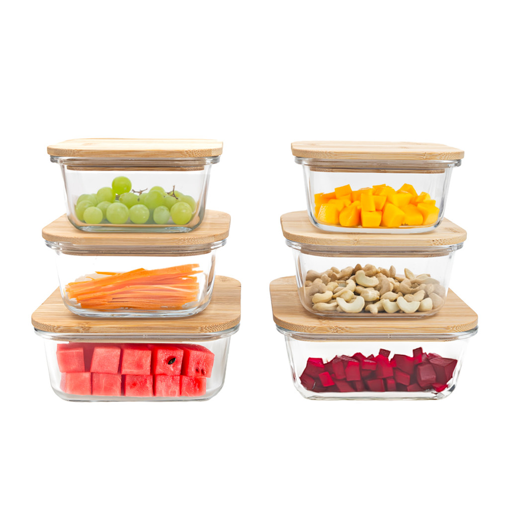 kit 6 potes de vidro com tampa em bambu hermético marmita quadrados - Tud em Oferta na Shopee