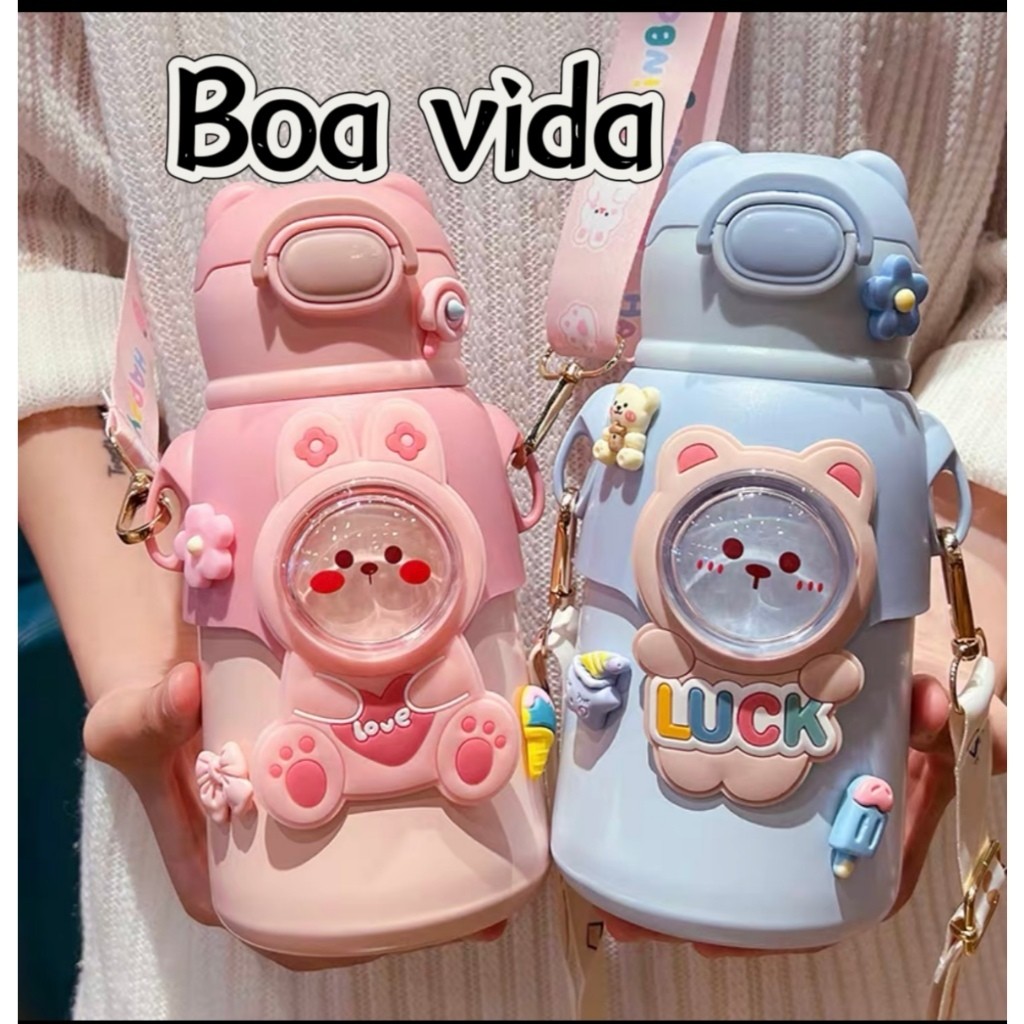 Garrafa /copo térmica Com Canudo 520ml aço inox para infantil com desenhos animados para presente em Oferta na Shopee