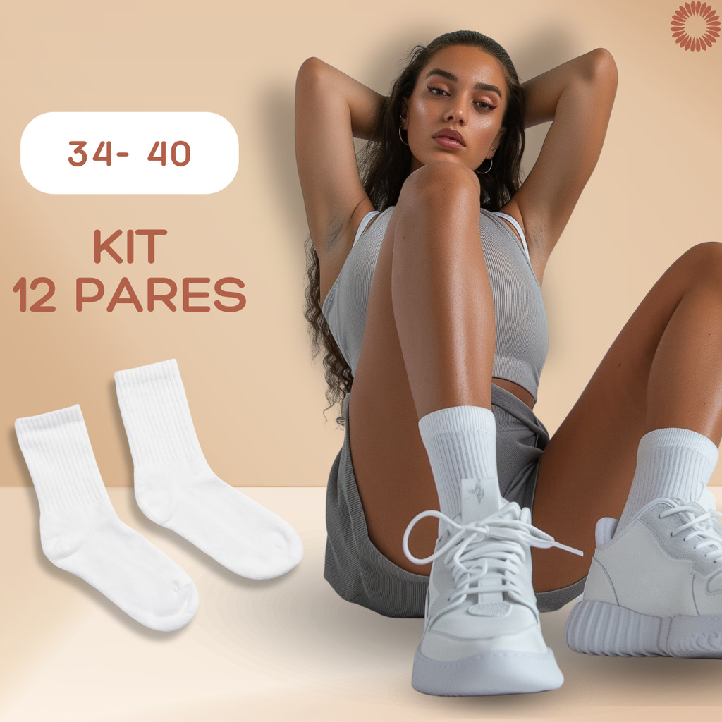 Kit Até 12 Pares Meia Branca Alta Respiravel Confortavel em Oferta na Shopee
