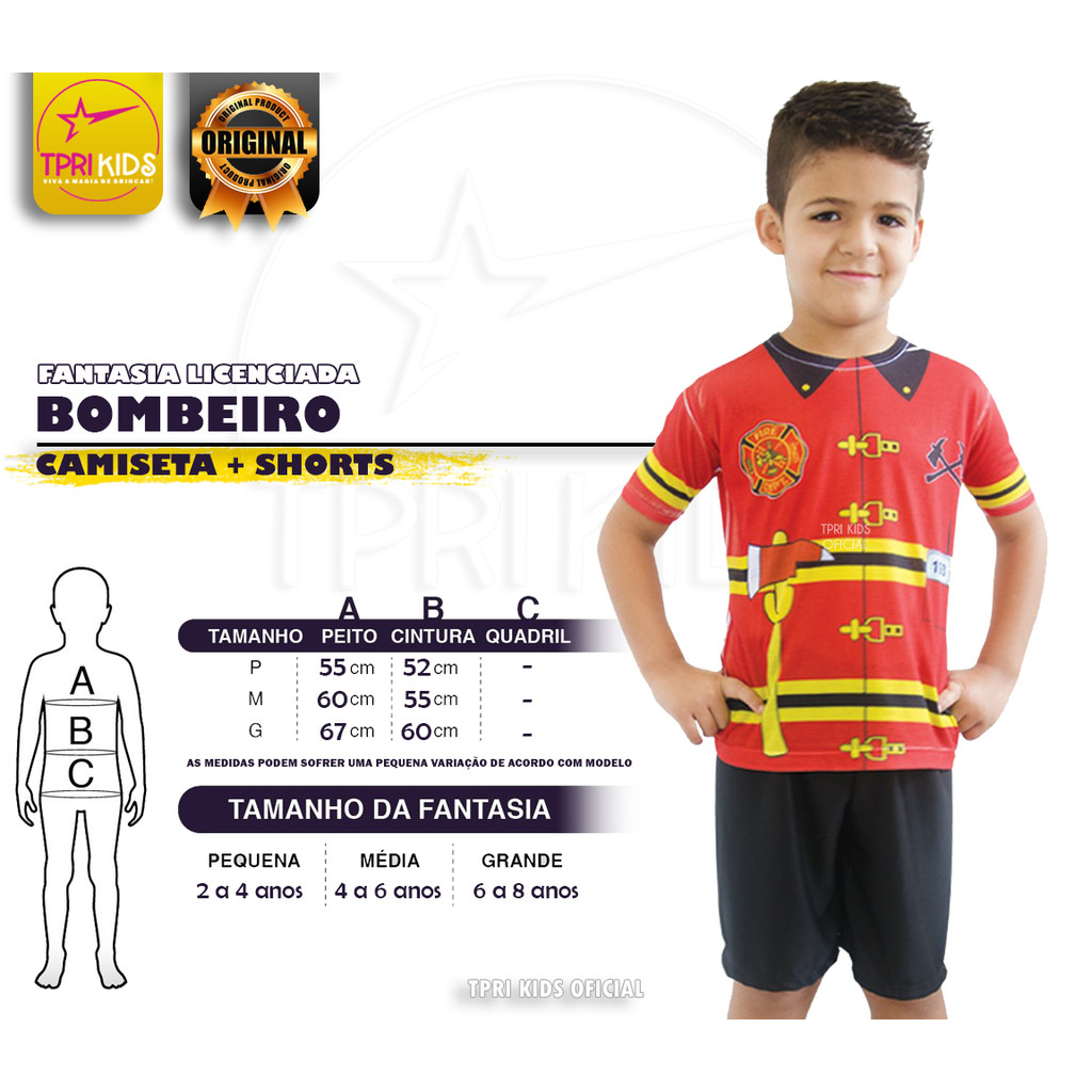 Fantasia Bombeiro Infantil Menino Carnaval Camiseta Shorts Festa Temática Profissão Bermuda Criança