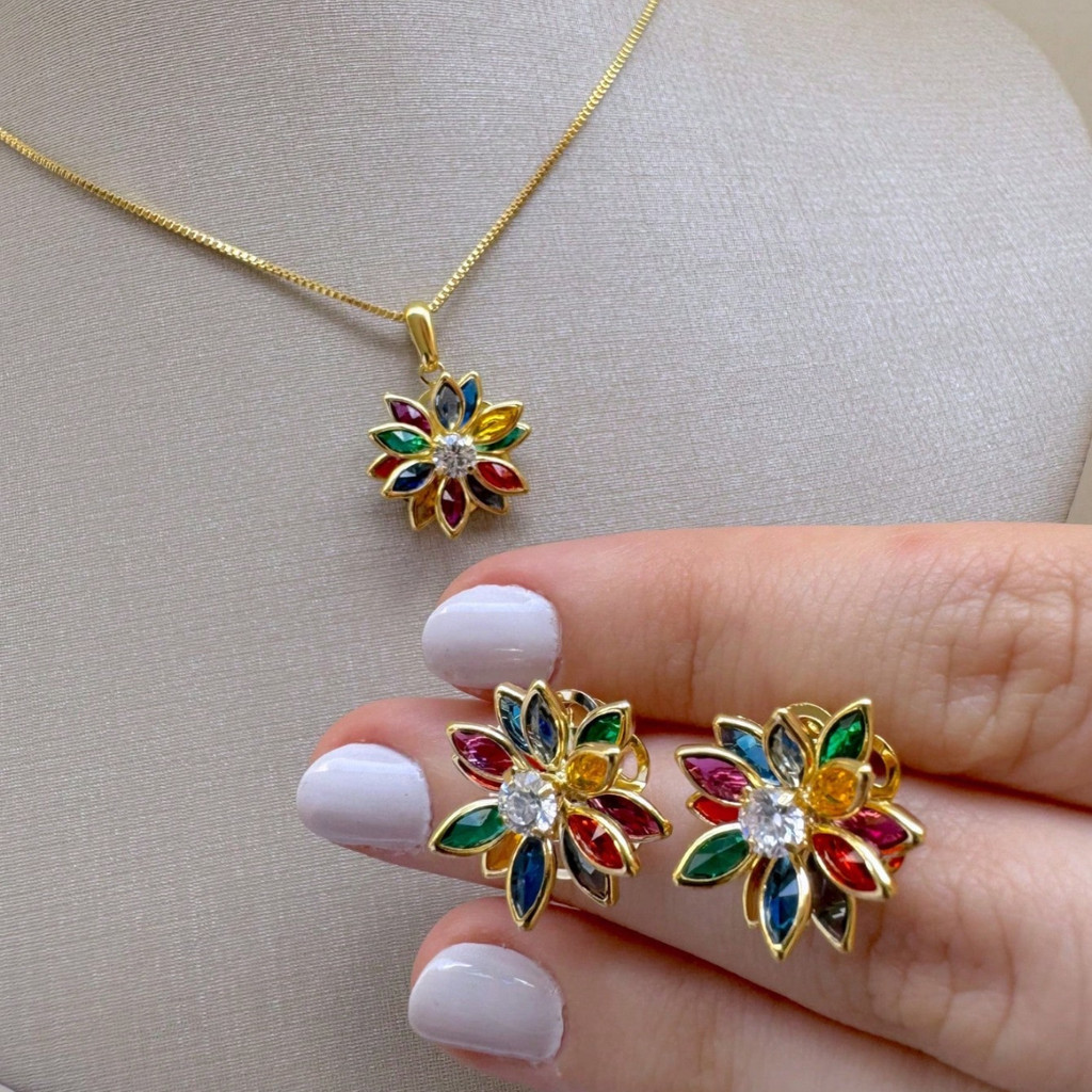 Conjunto Flor Colorida com Zircônias – Semijoia Banhada a Ouro 18k