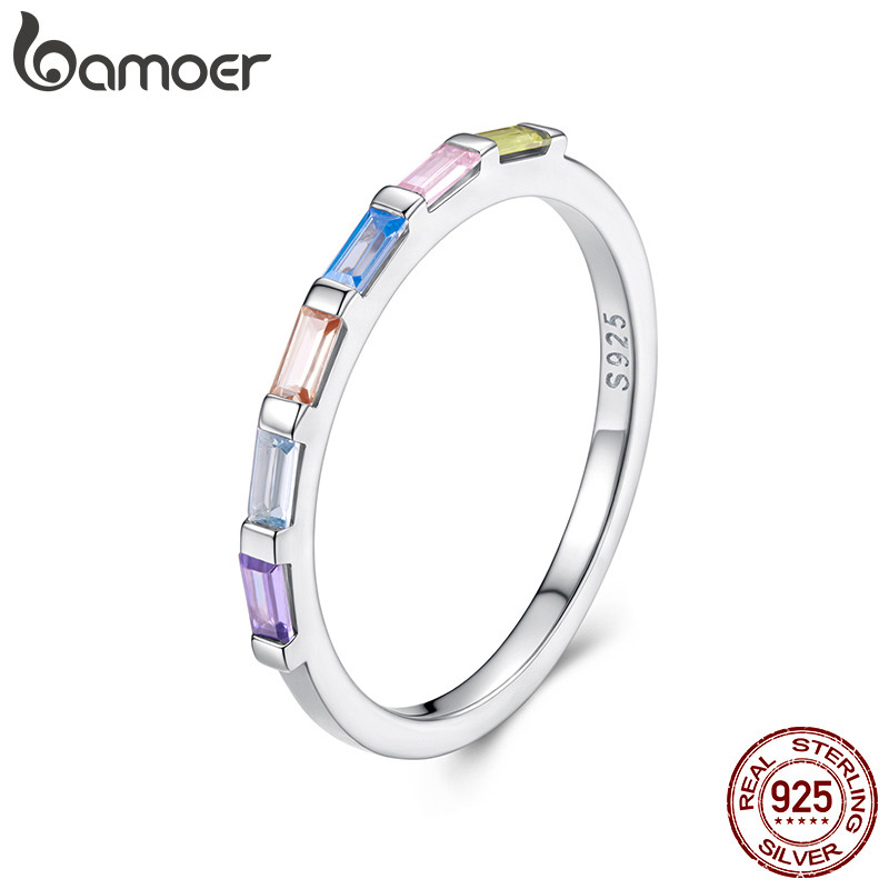 Anel De Prata Esterlina 925 Bamoer Colorido Zircônia Design Joias Presente Feminino