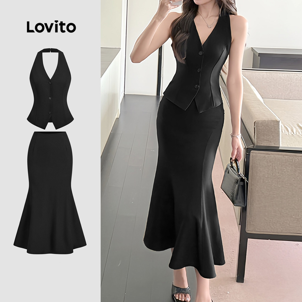 Lovito Conjuntos De Saia Casual Plissada Primavera/Verão Conjuntos De Saia Preta Para Mulheres L134ED763 - Women Clothes