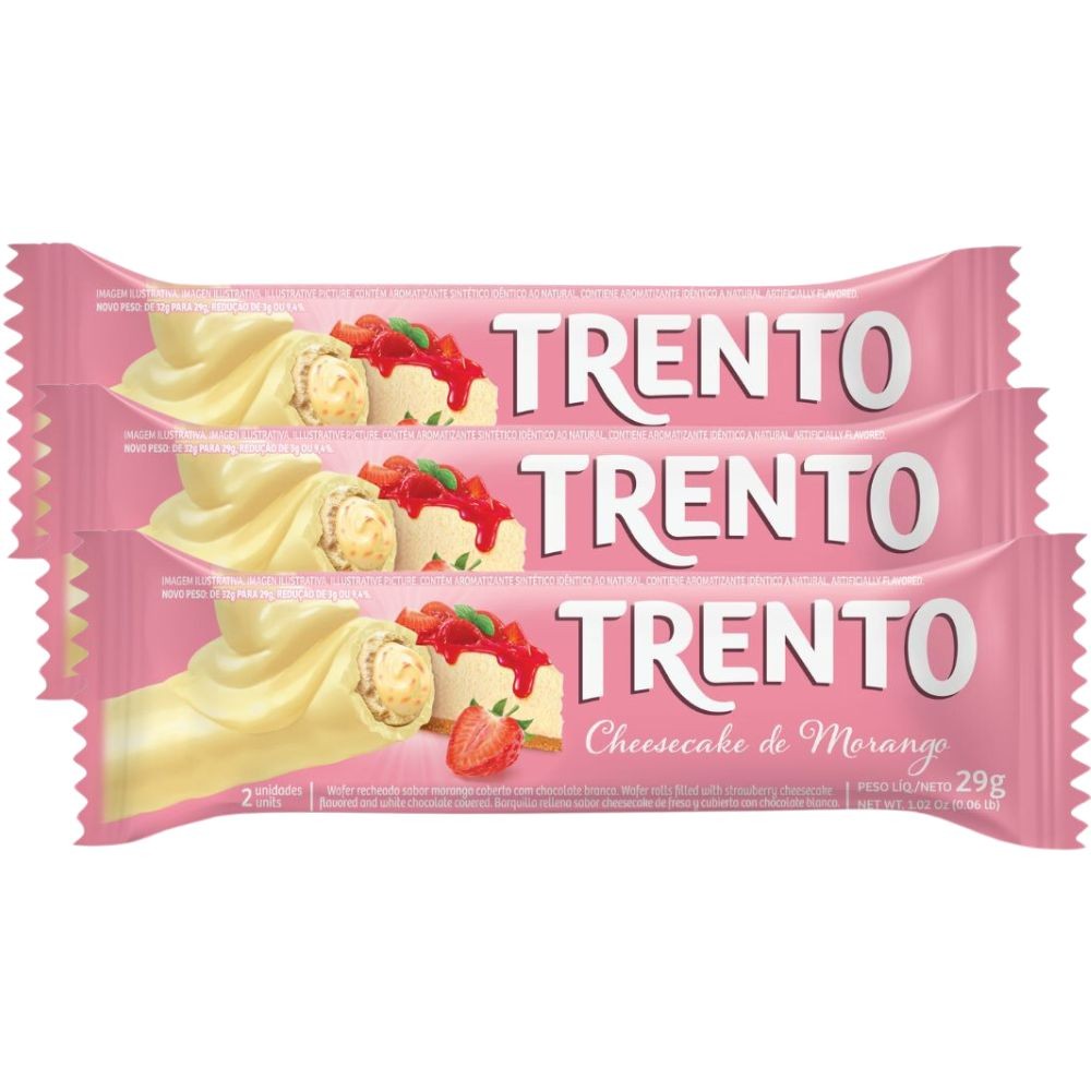 Kit 3 Chocolate Wafer Trento Sabor Cheesecake de Morango 29g - Food & Beverages