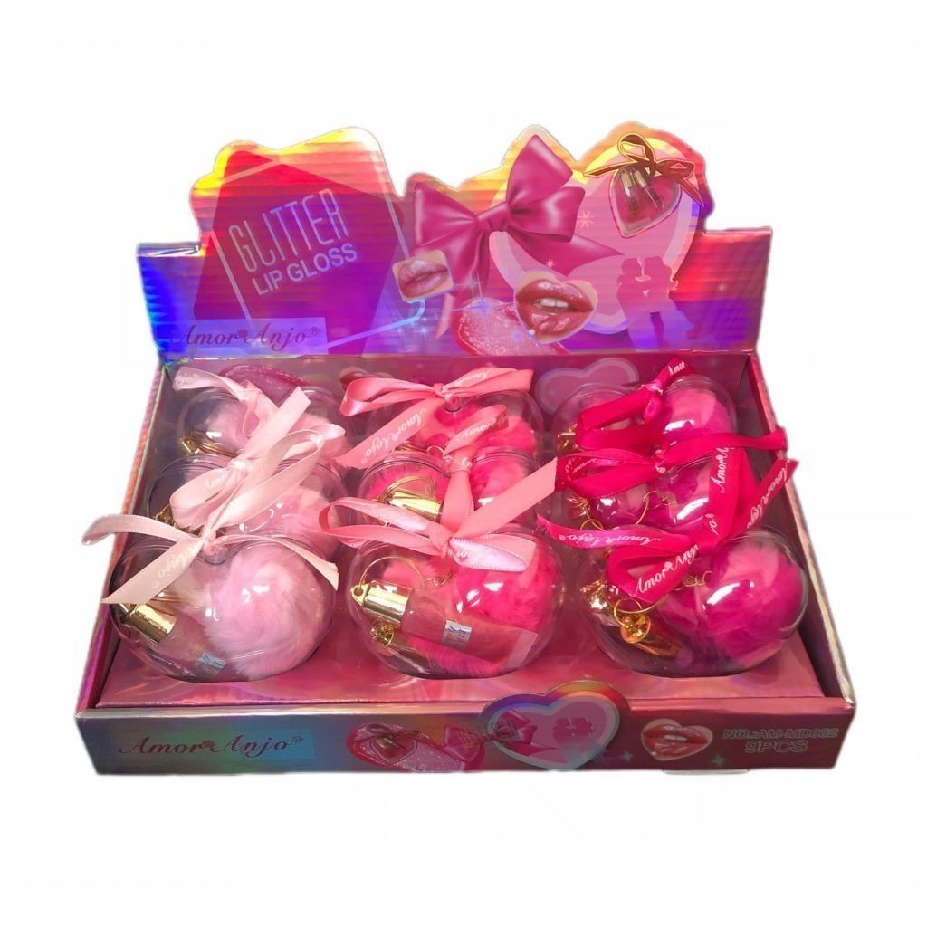 Box Fechado c/3,6 ou 9 uni Glitter Lip Gloss Heart Case + Chaveiro+ Lip gloss Amor Anjo