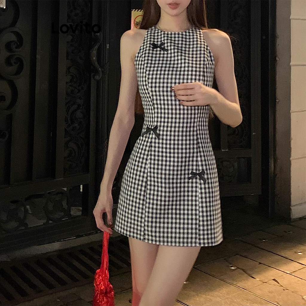 (Trendy) Lovito Vestido Casual Guingão Arco Vestido De Verão/Primavera Para Mulheres L112ED570 - Women Clothes