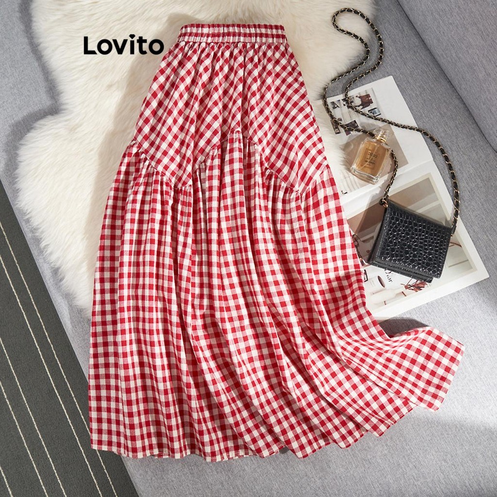 Lovito Saias Elegantes Com Estrutura Xadrez E Saia Evasê Para Mulheres LNL72256