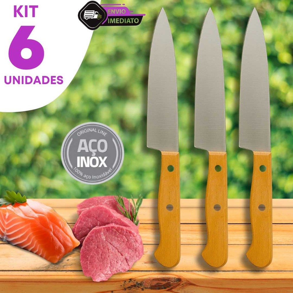 Jogo 6 Faca Inox 7" Cabo Madeira Cozinha Churrasco Profissional Restaurante Casa Buffets Bares Fruta