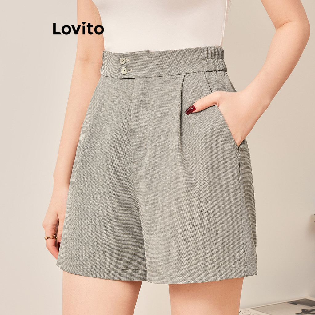 (Trendy) Lovito Shorts Casuais Shorts Guingão Com Botões Para Mulheres L70AD058 (Multicolorido) em Oferta na Shopee