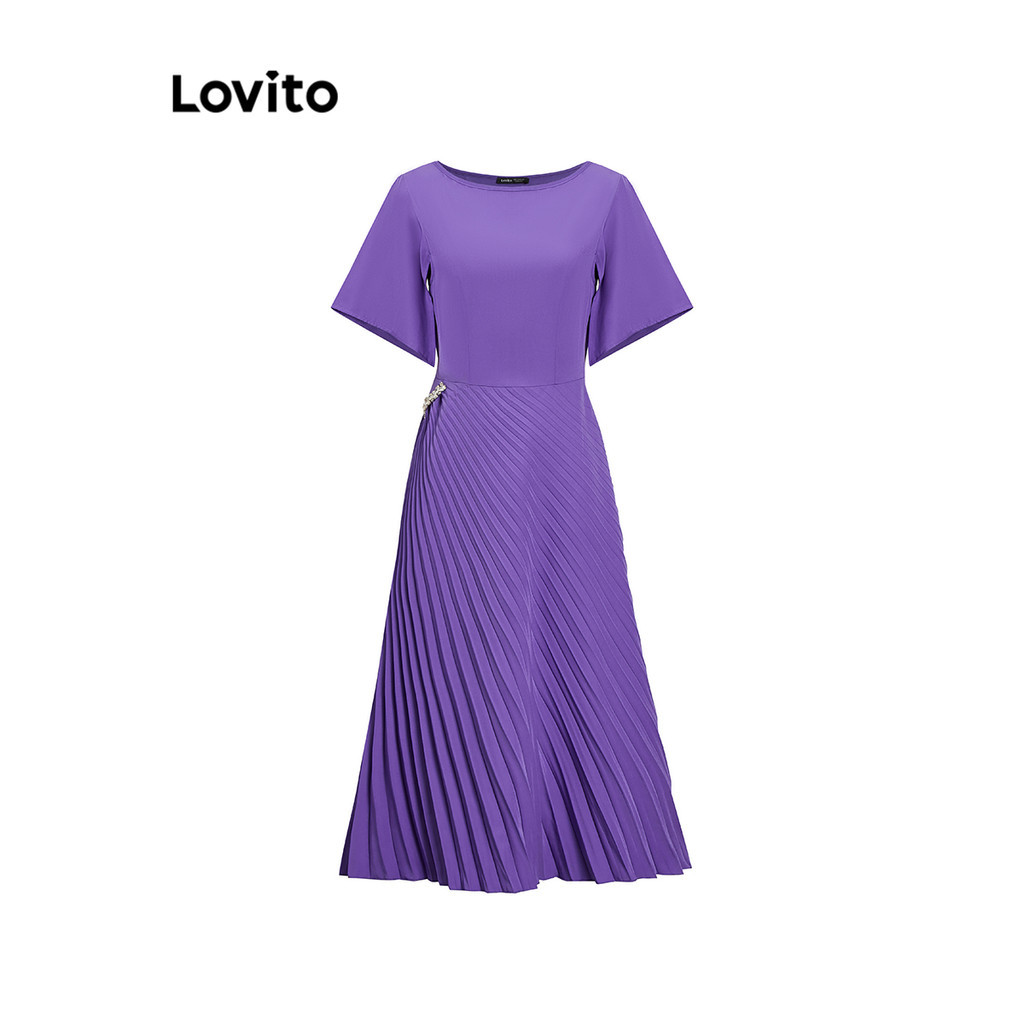 (Trendy) Lovito Vestido Elegante Liso Plissado Com Strass Para Mulheres L99ED941 em Oferta na Shopee