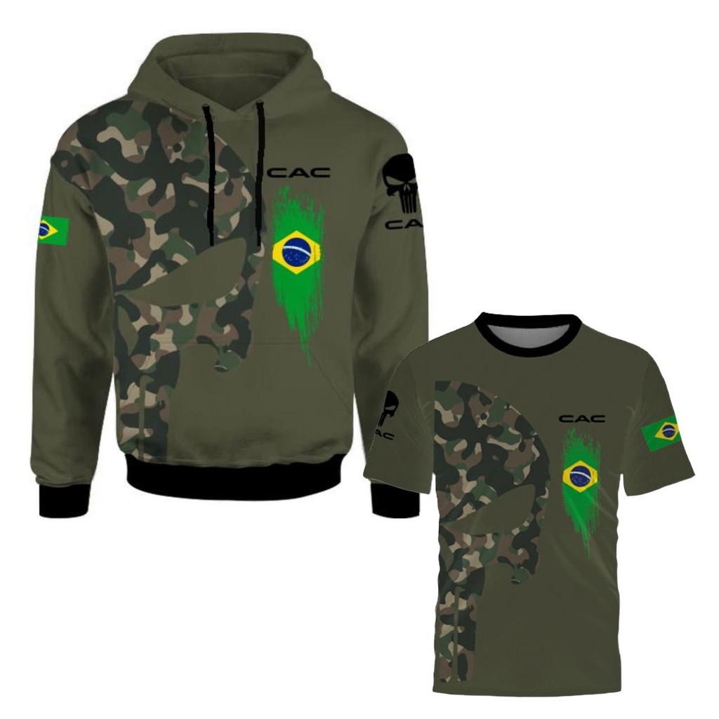 Kit Moletom + Camiseta 3D Blusa de Frio Caveira Camuflado CAC Atirador Uniforme Com Capuz Poliester