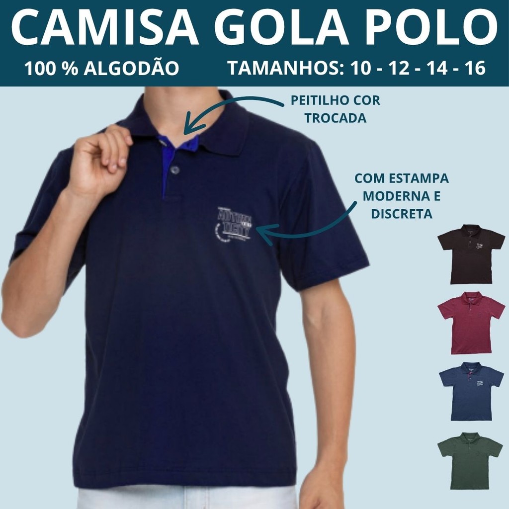 Camisa Polo Juvenil Manga Curta 100% Algodão 2855-A