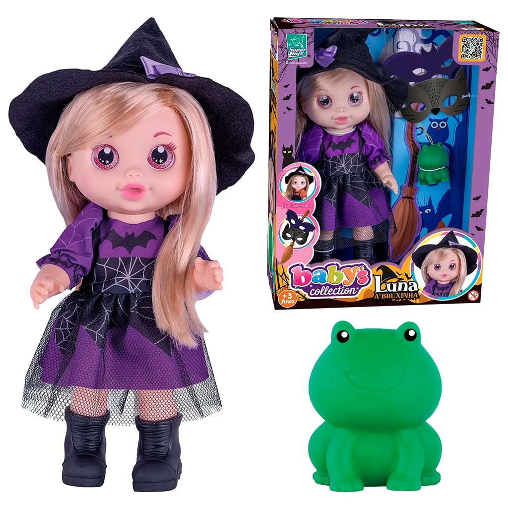 Luna Bruxinha Boneca Menina Babys Collection Vestido Roxo Chapeu Sapinho - Super Toys