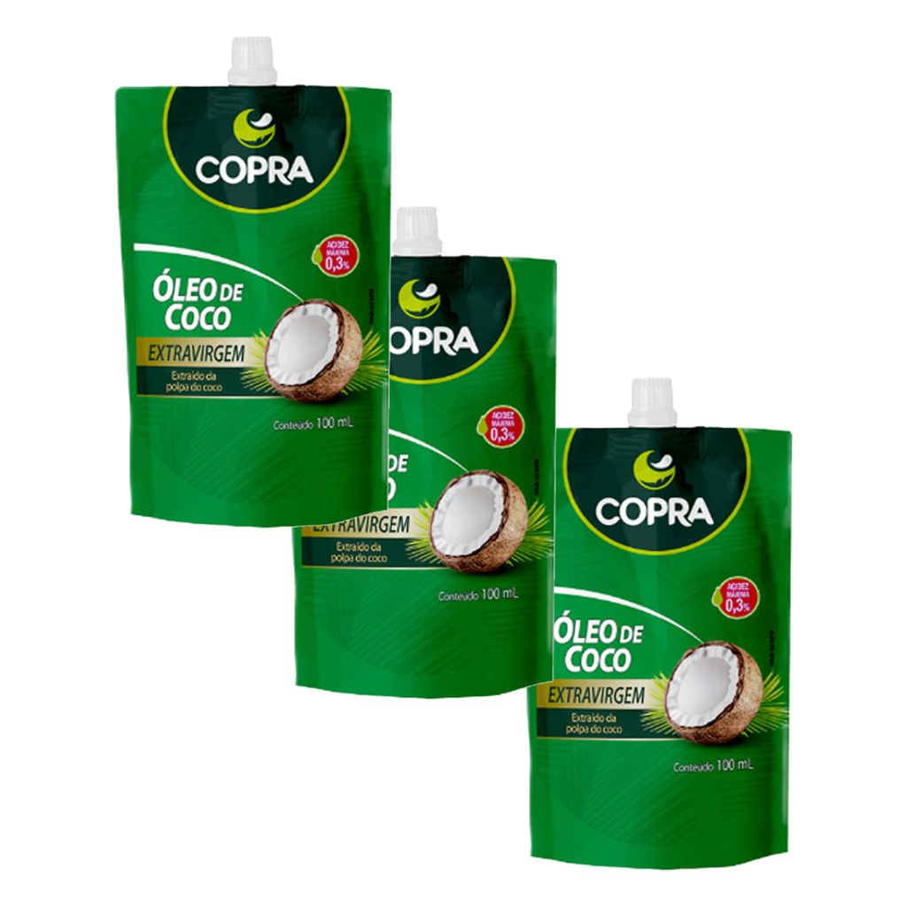 3 x Óleo de Coco Extra Virgem Stand Pouch 100ml - Copra em Oferta na Shopee
