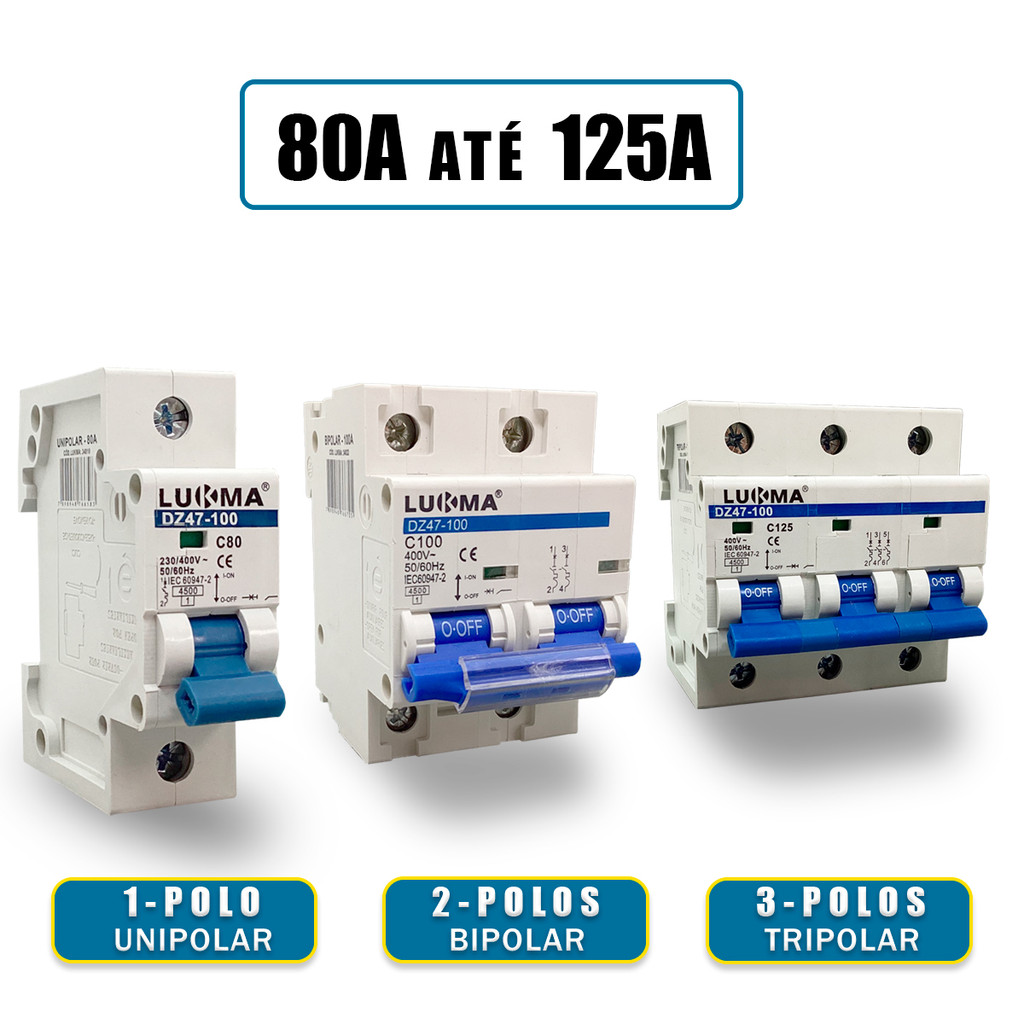 Disjuntor 1 Polo / 2 Polos / 3 Polos 80A 100A 125A Monofasico Bifasico Trifasico Curva C