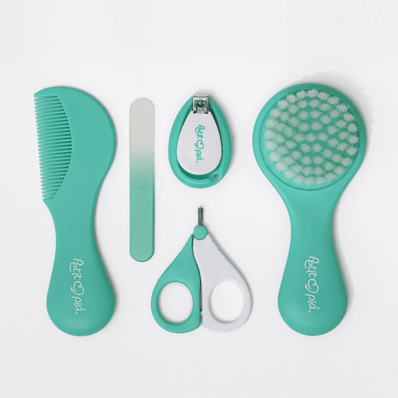 Kit Higiene Bebê Petit Piá 5 Peças Verde com Escova, Pente, Tesoura, Cortador e Lixa, BPA Free, +0m