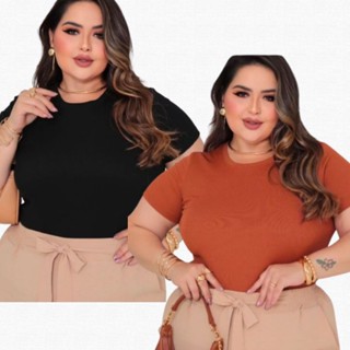 Kit 2 Blusa Manguinha curta plus size Ribana Casual Moderna Gringa Canelado Feminina P005 em Oferta na Shopee