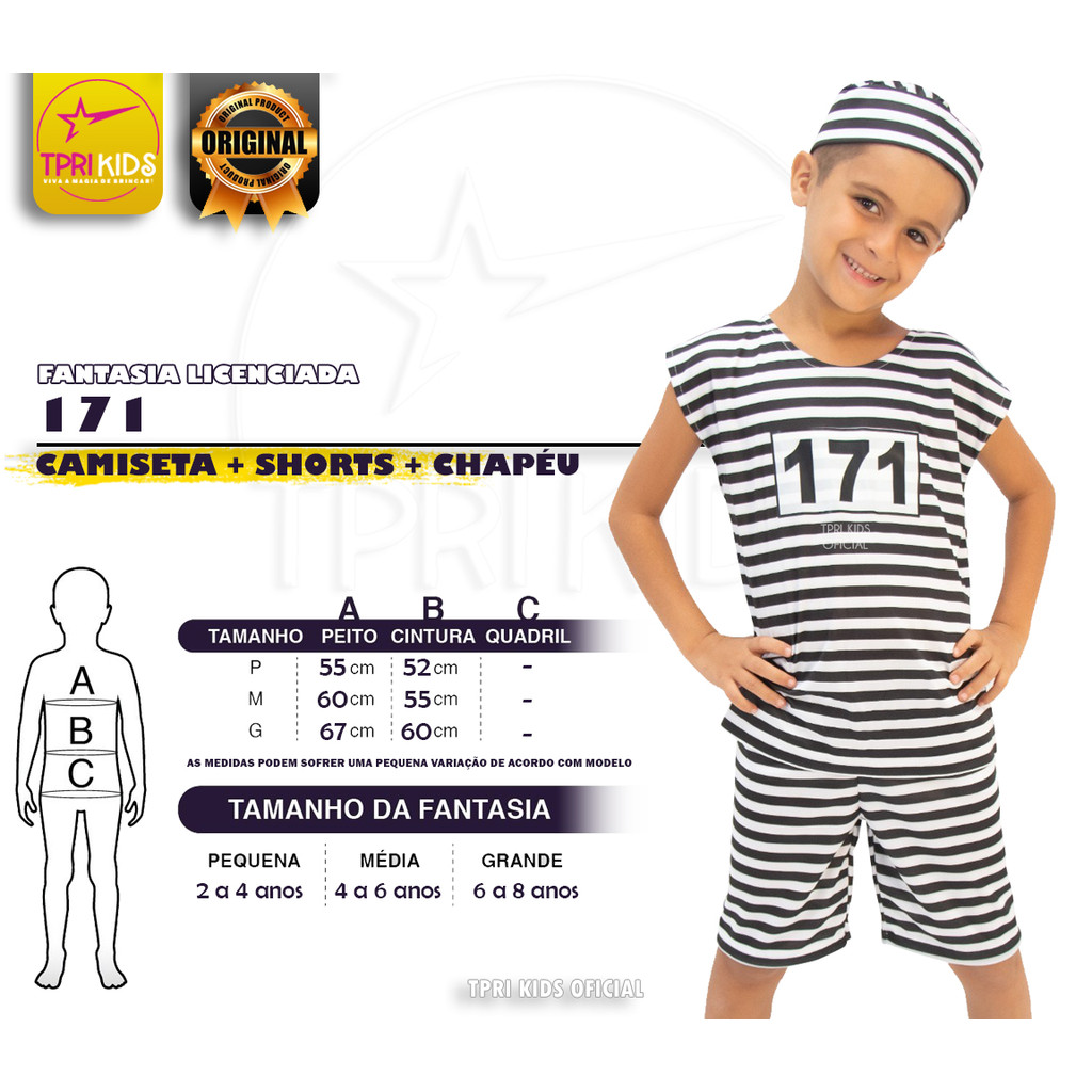 Fantasia Infantil Menino Prisioneiro 171 Camiseta + Bermuda + Chapéu Halloween Carnaval Festa Top