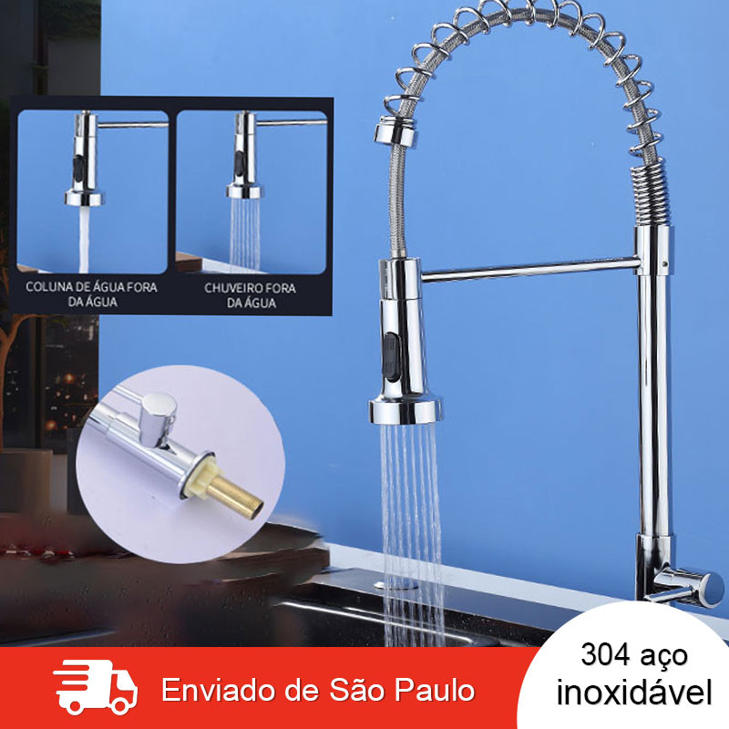 Torneira Para Cozinha Gourmet Misturador Monocomando 2 modos Em Aço Inox 304 prata Brilhante Pull Down Ducha Spray