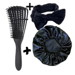 Kit - Touca de cetim + Pente polvo desembaraçador + Faixa de maquiagem