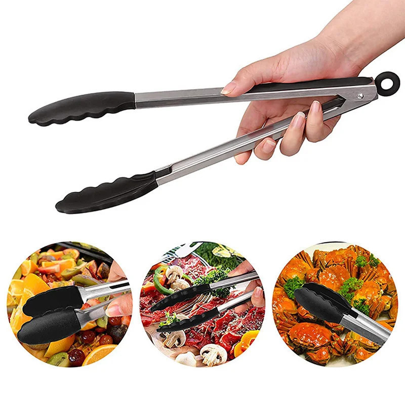Pegador De Inox Cozinha Churrasco Salada Alimentos Carne Culinário Macarrão Massas Grelhados Peixe Multiuso Inox Preto 