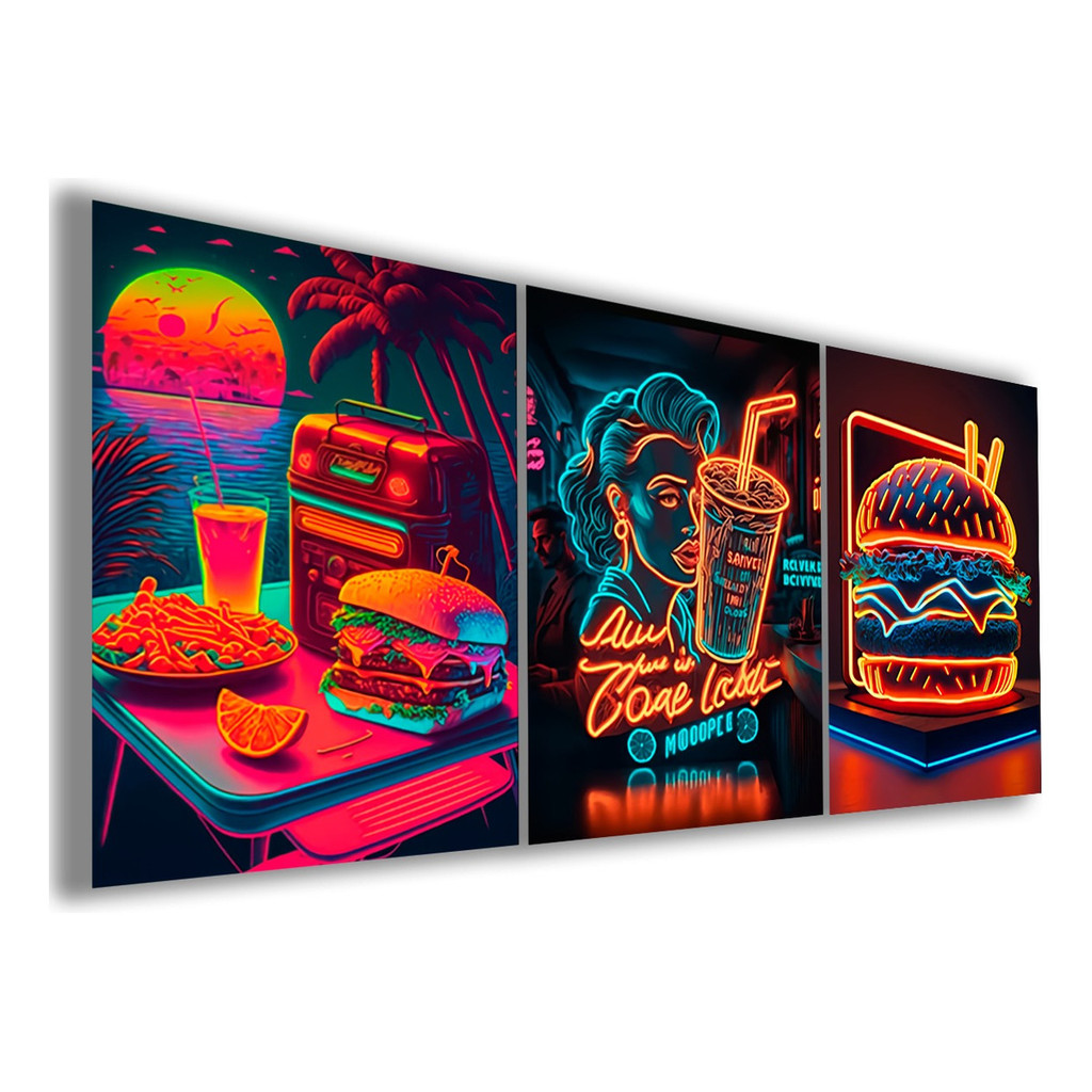 Kit 3 Quadros Decorativos Comida Hamburguer Punk Neon Bebida Lanchonete Mosaico Cozinha