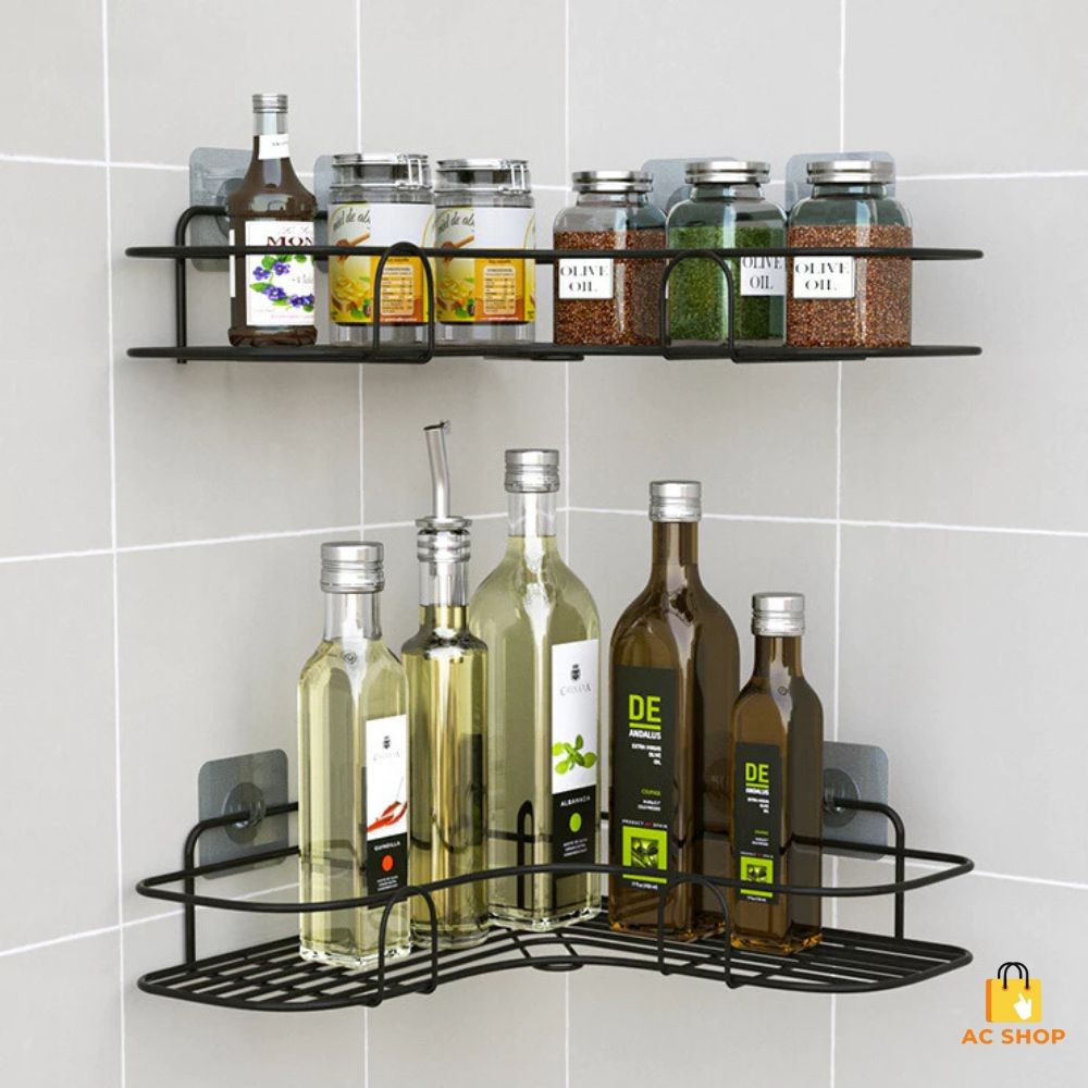 Kit 2 Porta Shampoo em L Aramado Preto de Canto Prateleira Suporte Banheiro Cozinha Condimentos Com Adesivo Autocolante