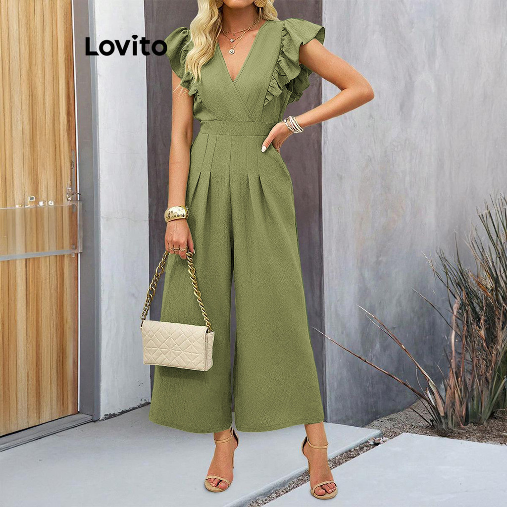 Lovito Macacão casual com babados lisos para mulheres LNL72156 - Women Clothes