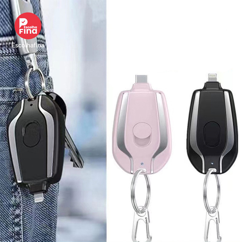 Chaveiro Compacto Portátil Carregador De Celular 1500mAh Emergência Para iPhone/Android