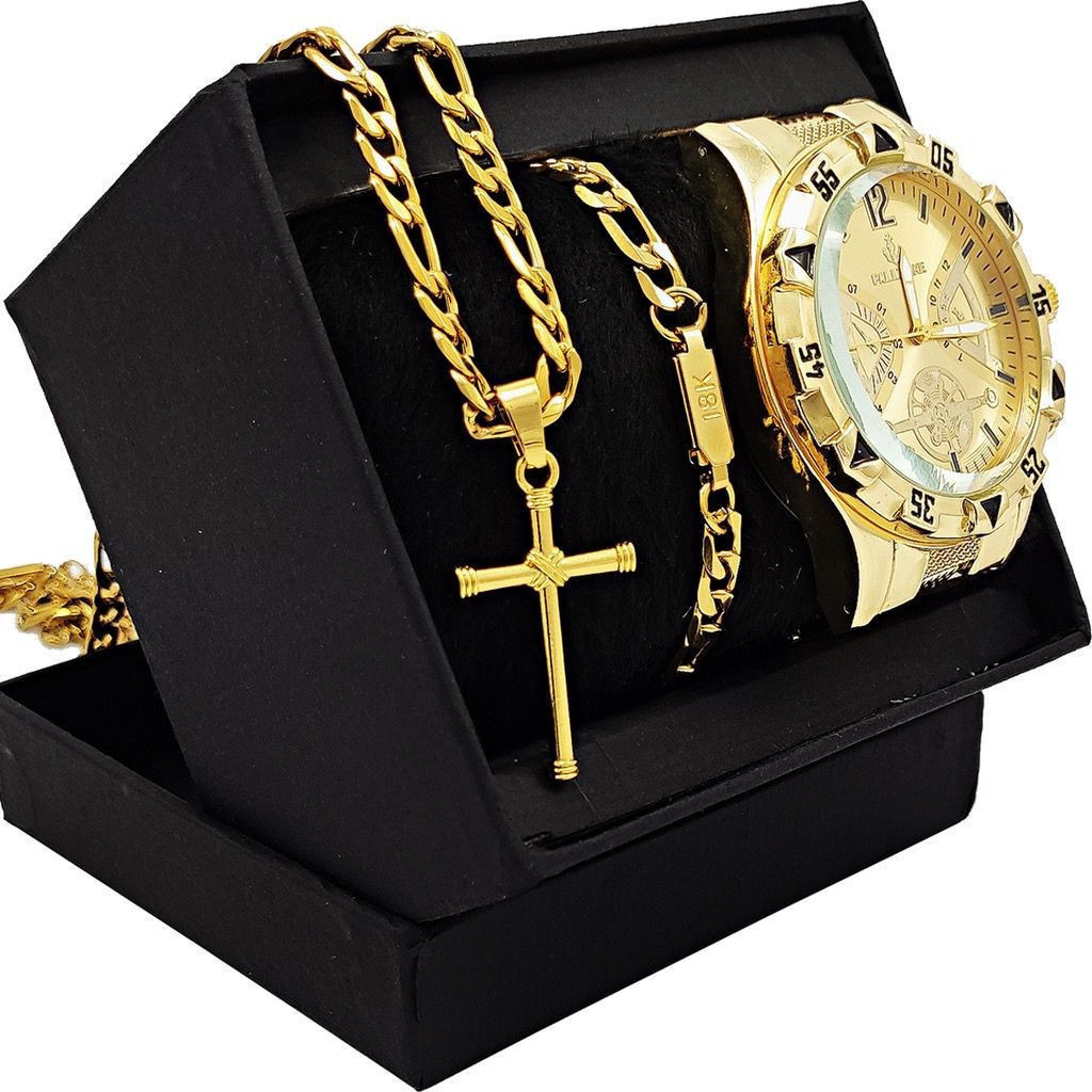 Kit Relógio Masculino Banhado a Ouro 18k Dourado Original + Corrente cruz 18k Masculina + Pulseira
