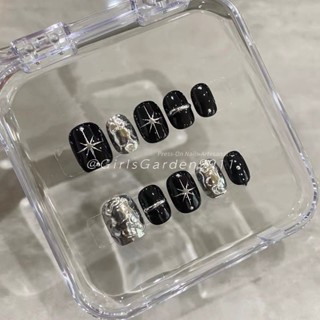 [Male e Female]10un. Unhas Postiças Artesanais Desenho Criativo com cor preto e prata em Oferta na Shopee
