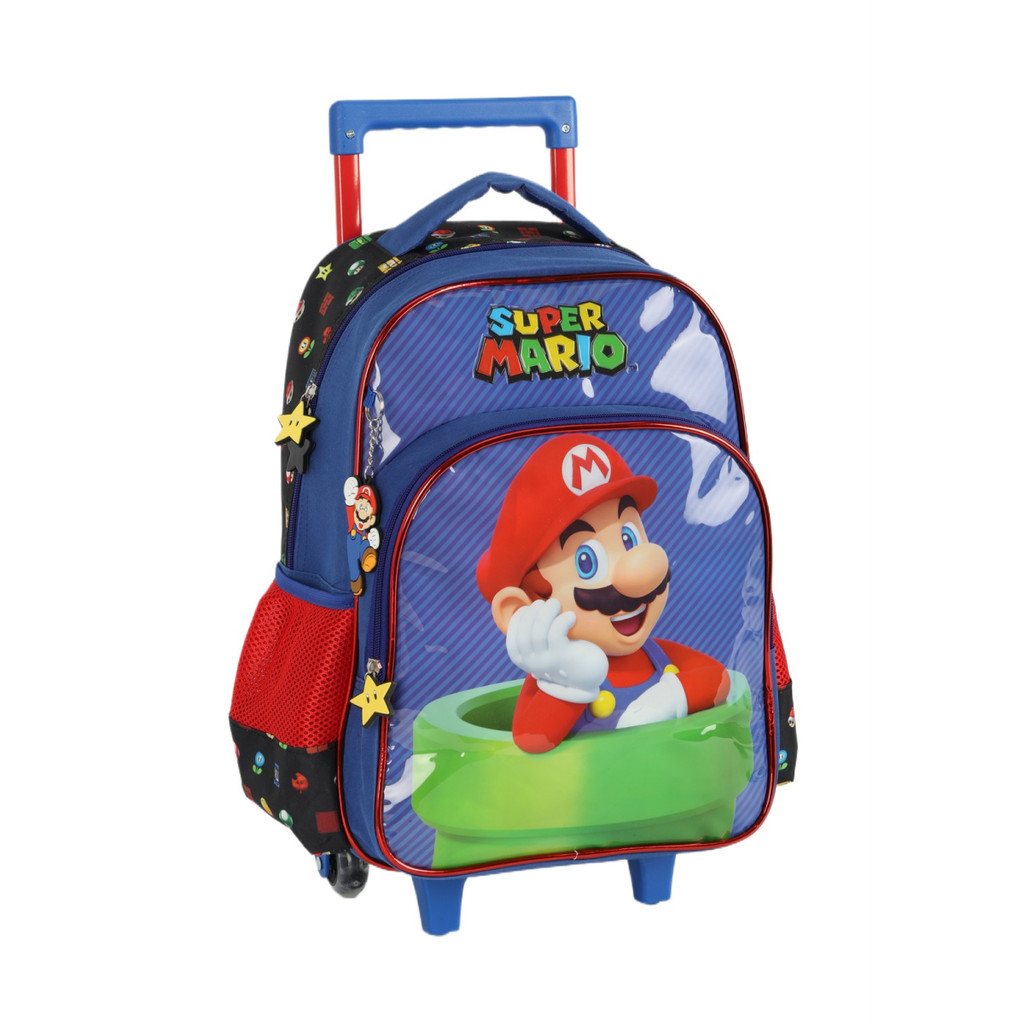 Mochila Escolar Com Rodinhas E Alça Super Mario Bros 4 Bolsos PU Com Chaveiros UP4YOU