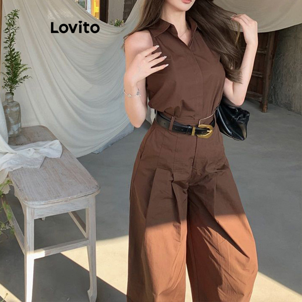 Lovito Tops ou calças femininas casuais lisas plissadas com ombros frios LNA79329 em Oferta na Shopee