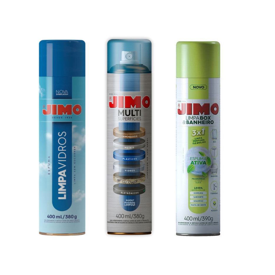 KIT 1Un Jimo Limpa Vidros + 1 Un Jimo Multi Superfícies + 1 Un Jimo Limpa Box 400ml
