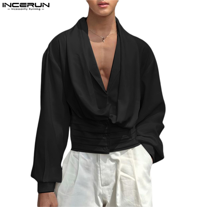 INCERUN Masculino Coreano Falso Blazer De Duas Peças Gola Plissada Camisas De Manga Longa