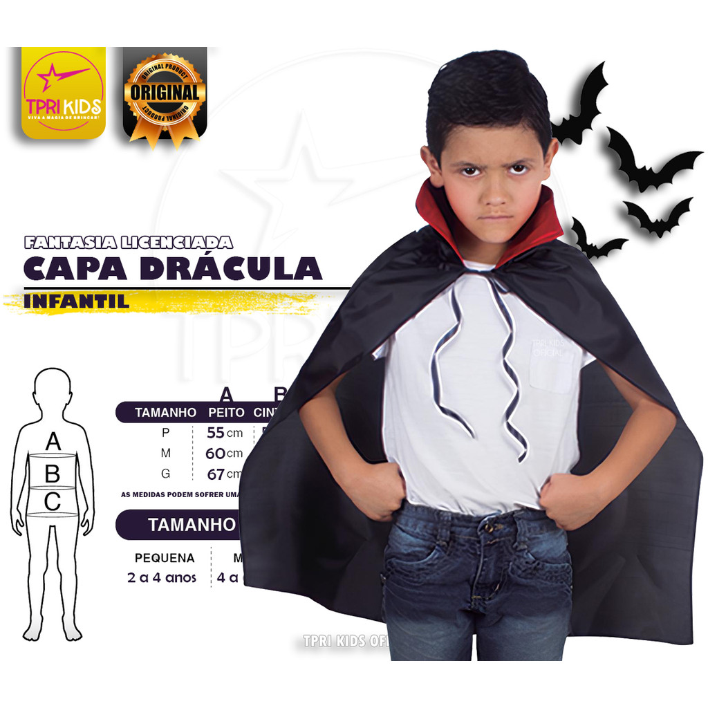 Fantasia Infantil Capa Drácula Morcego Halloween Cosplay Terror Menino Festa Temática Carnaval Top