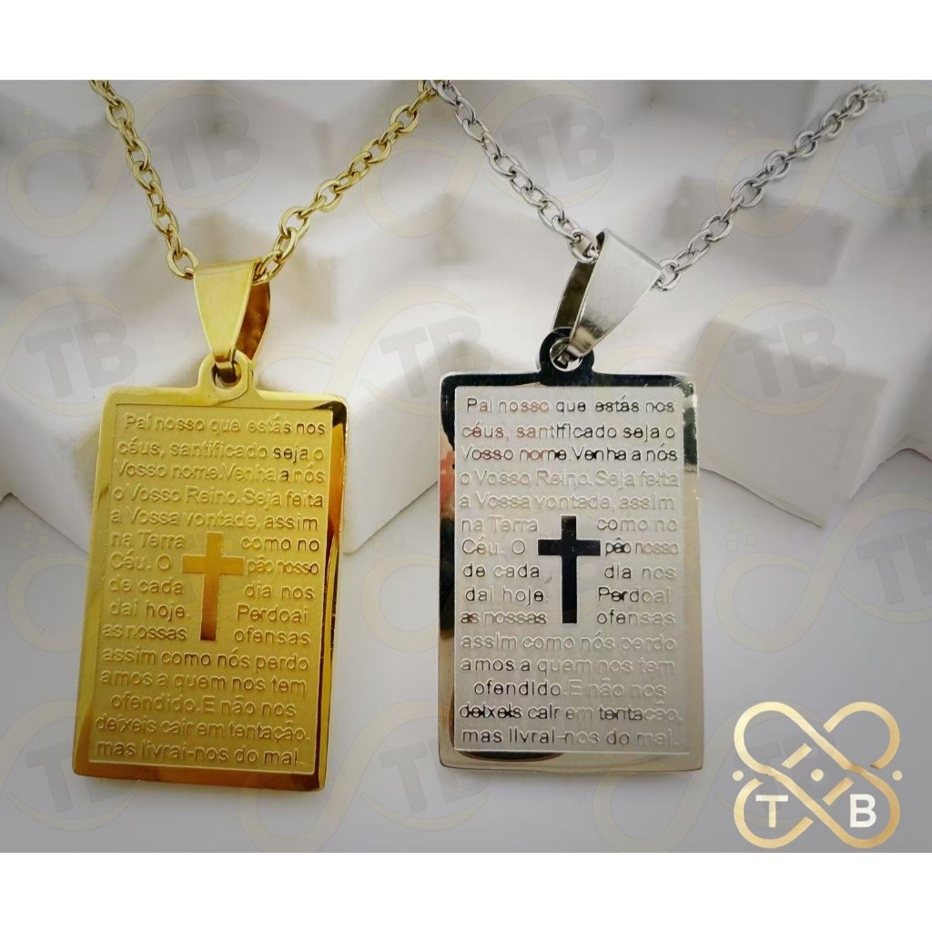 TB Acessórios Moda Colar com Aço inoxidável Dourado e Prateado Pingente Pai Nosso Oração Gravada em Oferta na Shopee