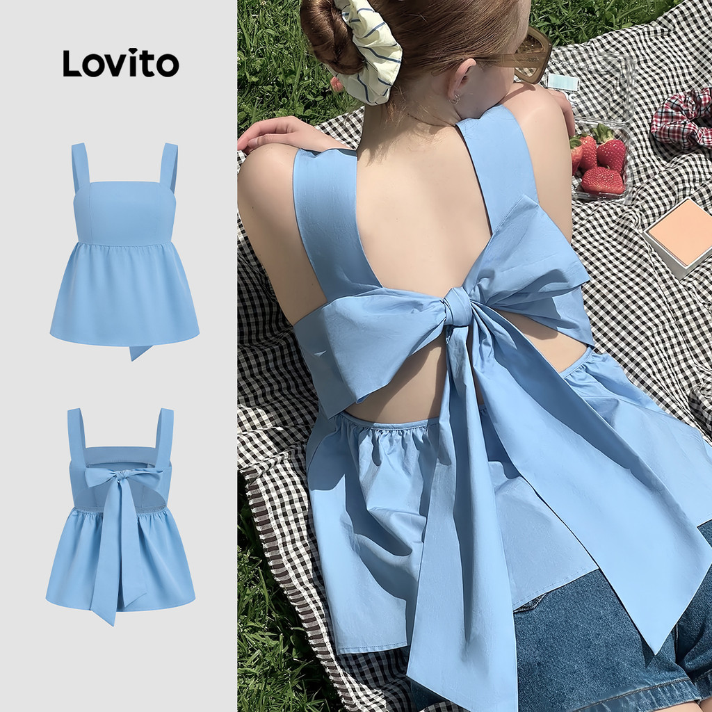 Lovito Blusa Casual com Laço Nas Costas, Boa Textura, Blusa de Primavera/verão Azul para Mulheres LB134LD237 - Women Clothes