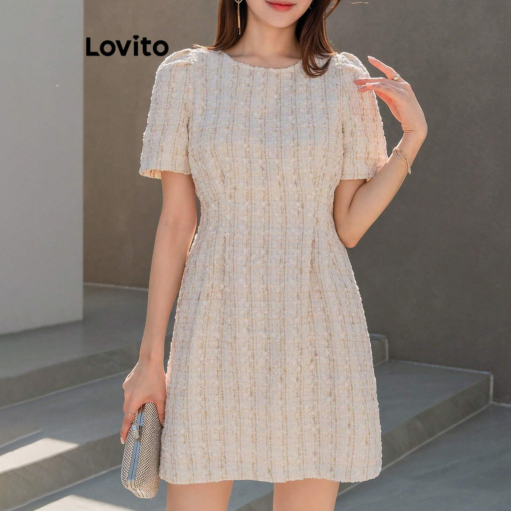 (Trendy) Lovito Vestido Casual Dres Plain Tweed Verão/Primavera Para Mulheres L71ED168