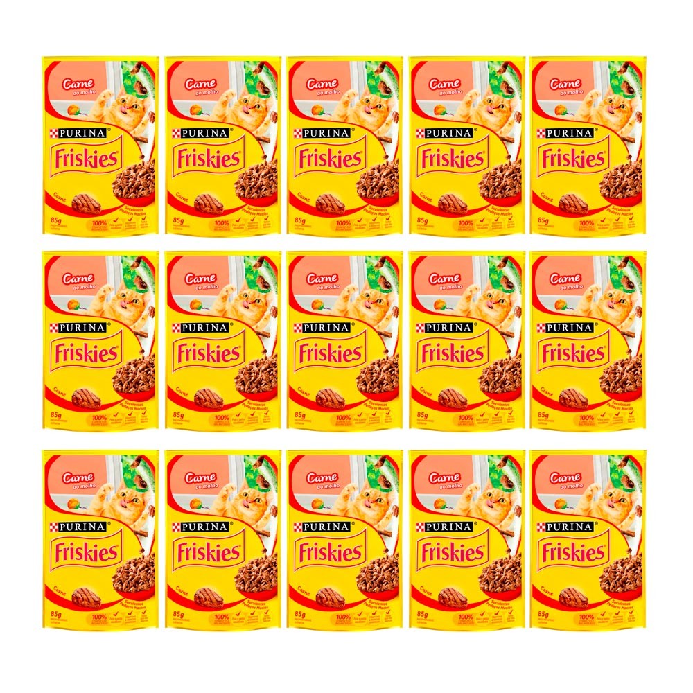 Kit 15 Ração Úmida para Gatos Friskies Adultos Sabor Carne ao Molho em Sachê 85g - Pets