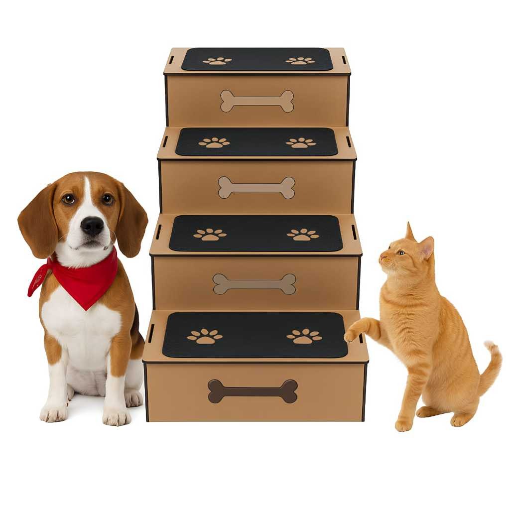 Escada pet 4 degraus cachorro gato antiderrapante arranhador mdf 60 cm carpete p/ sofá cama porte médio e pequeno