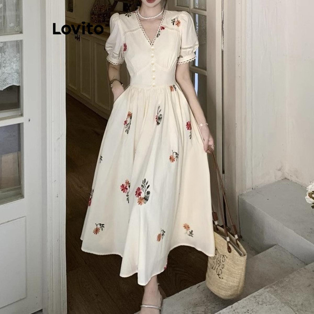 (Trendy) Lovito Vestido Casual Vestido Floral Flores Para Mulheres LNM72002 em Oferta na Shopee