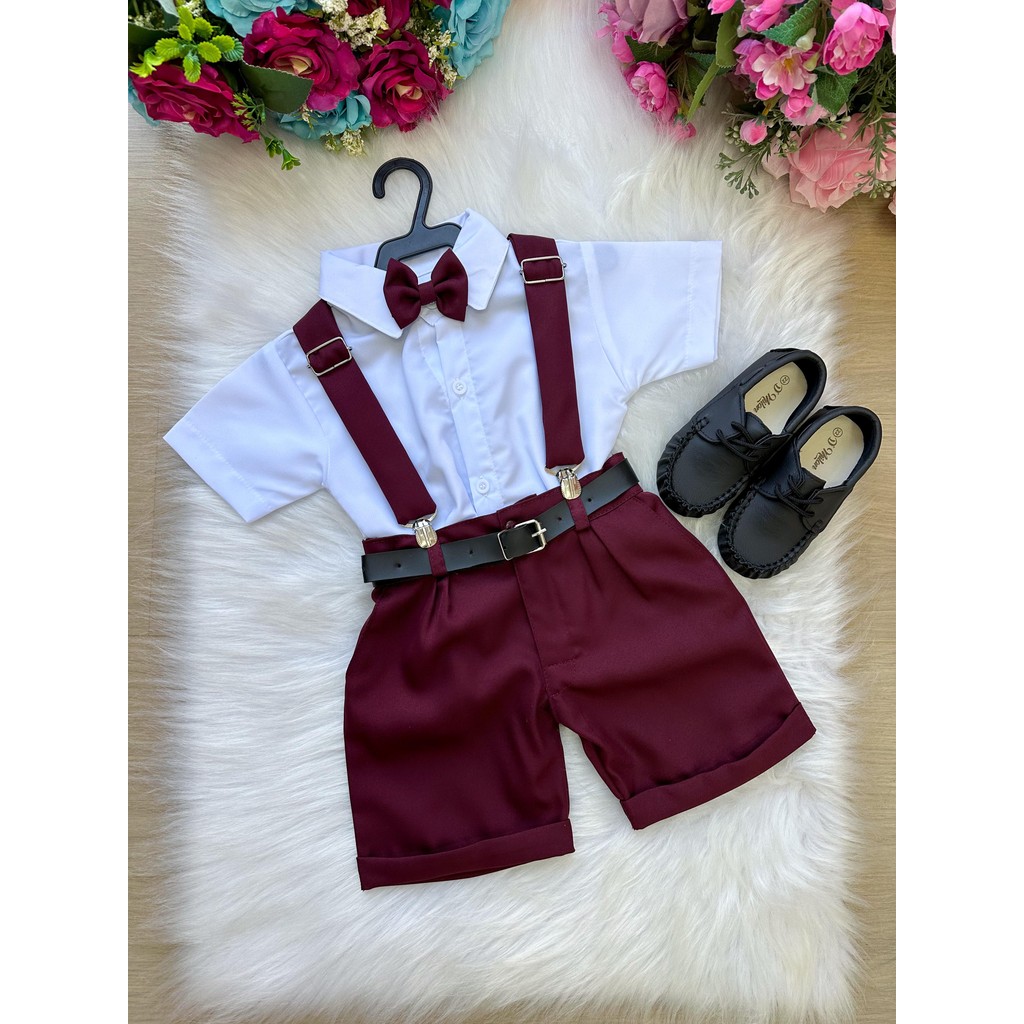 Conjunto Menino Social Shorts Camisa Suspensório Cinto Gravata Marsala Luxo Do 1 ao 12