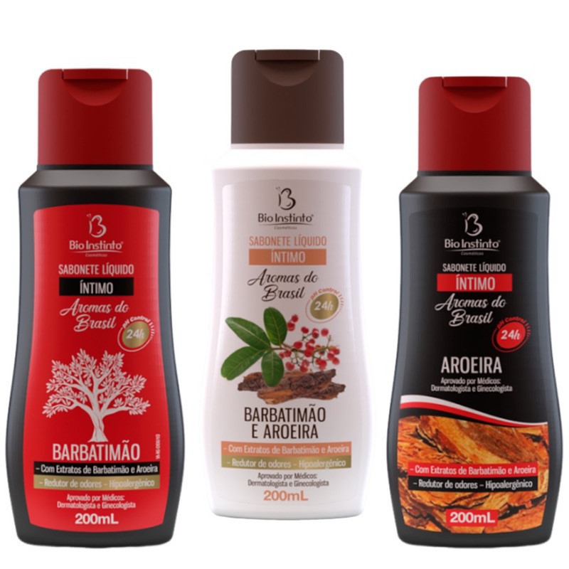 Kit com 3 Sabonete Íntimo Líquido  Barbatimão + Aroeira + Barbatimão c/ Aroeira Bio Instinto