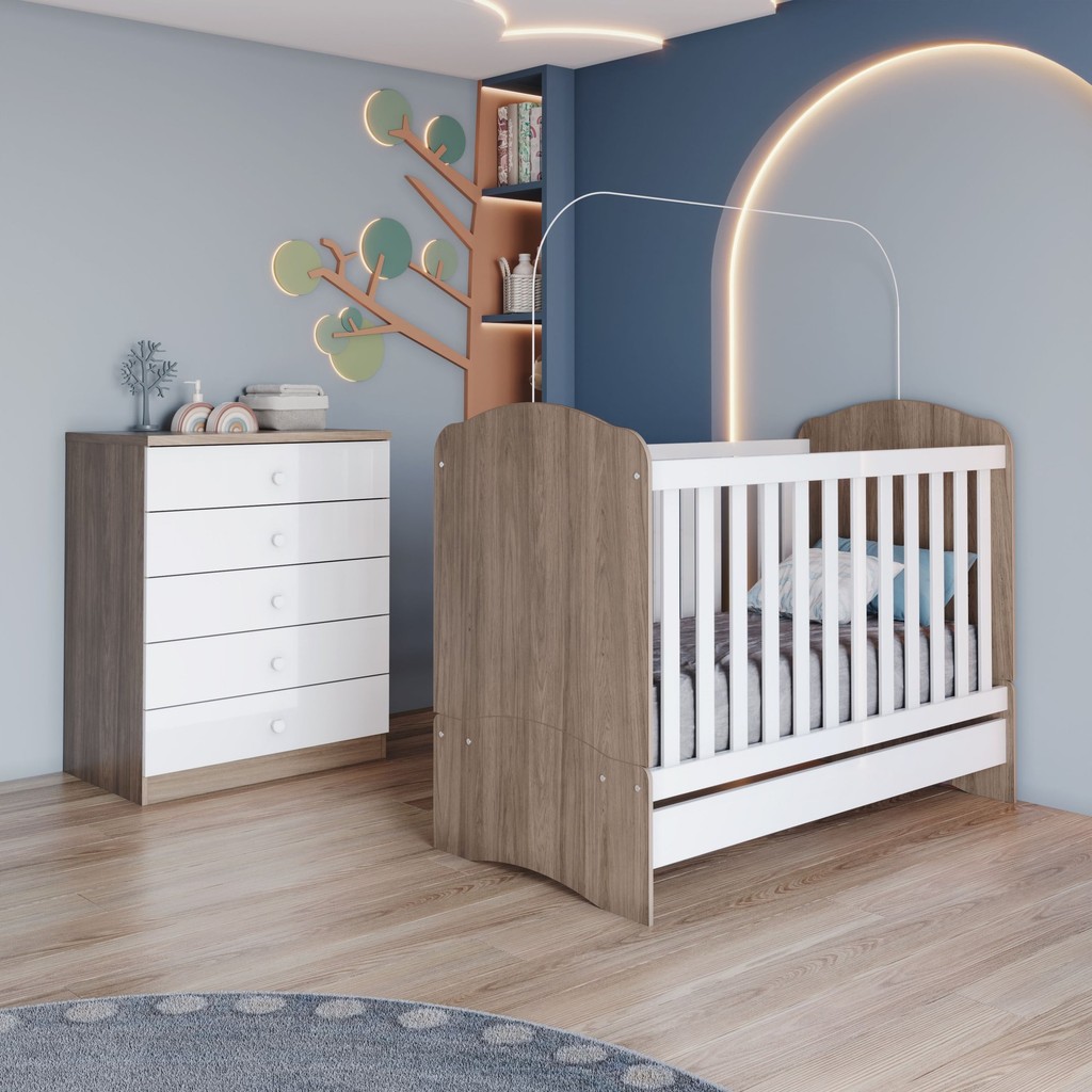 Quarto de Bebê Completo com Berço Mini Cama e Cômoda Faz de Conta Espresso Móveis Rustic/Branco - Mom & Baby
